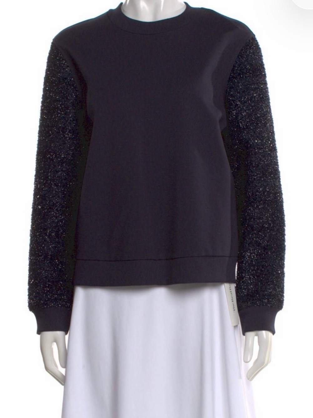 Tory Burch Navy Crewneck Tinsel Sweatshirt with Sparkle Textured Sleeves